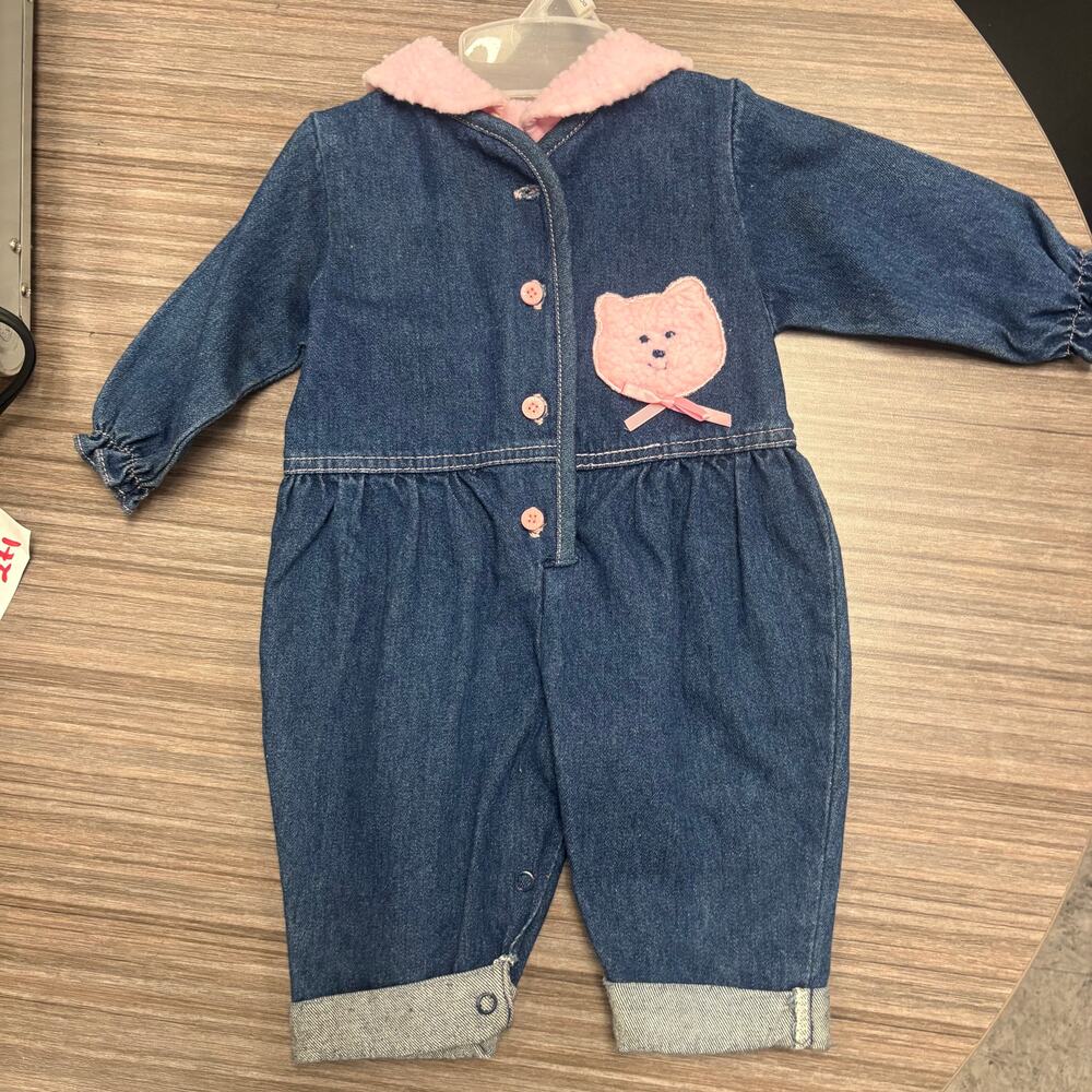 Vintage Catton Candy Denim Teddy Bear Romper 0 to 6M